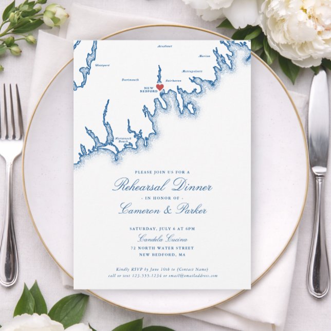 New Bedford MA Map Wedding Rehearsal Dinner Invitation (New Bedford Candela Cucina Wedding  Rehearsal Dinner Invitation in Navy Blue by Coastal Map Designs)