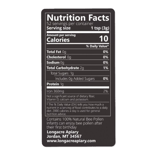 New Bee Pollen Nutrition Facts Jet Black (Front)