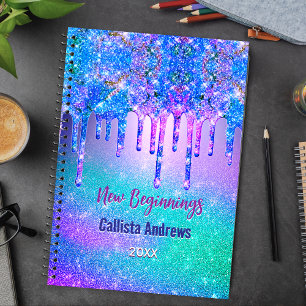 New beginnings blue ombre drips monogram large notebook