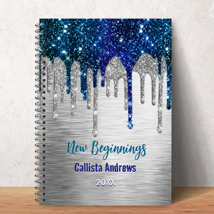 New beginnings Blue silver glitter Drips monogram Notebook