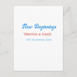 new beginnings couple wedding name date blue retro postcard