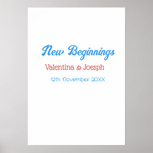 new beginnings couple wedding name date blue retro poster