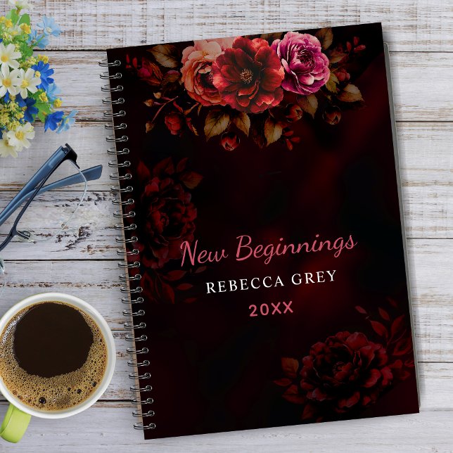 New beginnings dark red black floral large notebook (Creator Uploaded)