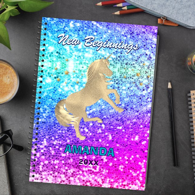 New beginnings gold unicorn Glitter monogram large Notebook (Creator Uploaded)