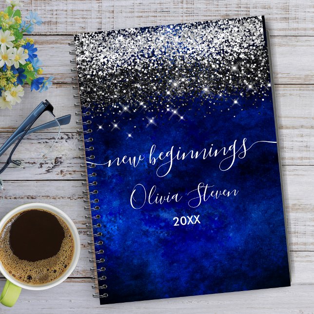 New beginnings royal blue silver faux glitter notebook (Creator Uploaded)