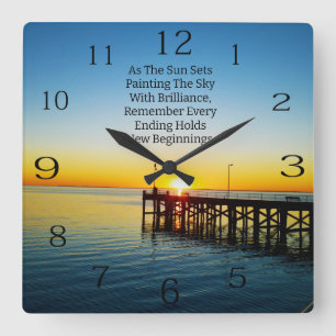 New Beginnings, Sunset Motivational Quotes, Square Wall Clock