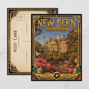 New Bern North Carolina Vintage Art Deco Golden Postcard