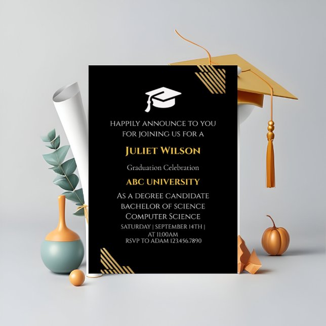 New Black college graduation stylish commencement Invitation (Creator Uploaded)