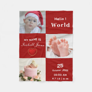 New Born Baby Birth Stat Announcement Photo Red Fleece Blanket