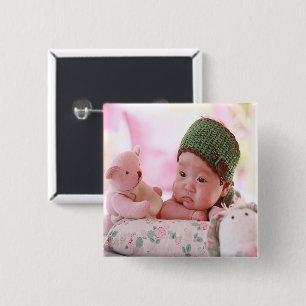 New born baby girl photo 15 cm square badge