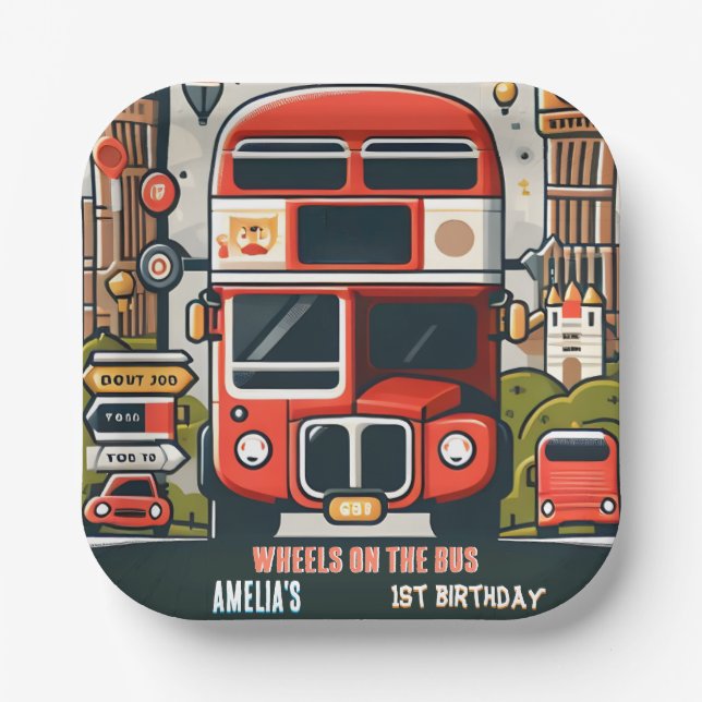 New Boy Cute Girl Tour City Party Bus 1st Birthday Paper Plate (Front)