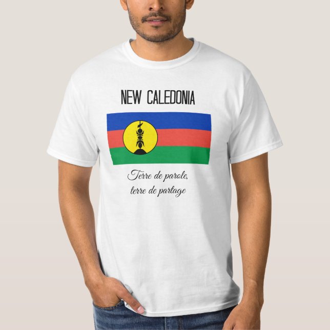 New Caledonia, Flag and Motto, unique design T-Shirt (Front)
