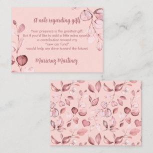 New Car Fund Pink Rose Gold Botanical Cash Gift Enclosure Card