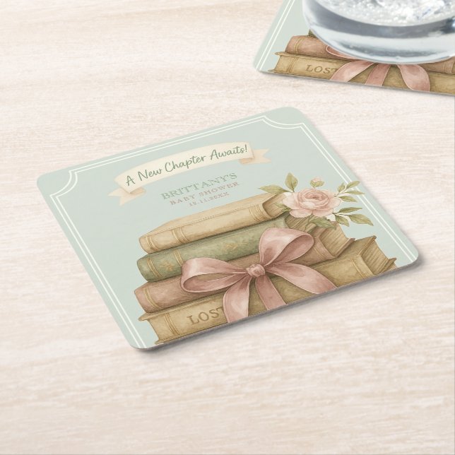 New Chapter Awaits Pink Bow Baby Shower Square Paper Coaster (Angled)