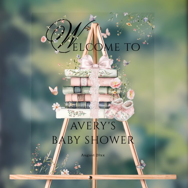 New Chapter Begin Book Wildflower Baby Girl Shower Acrylic Sign (Neutral)