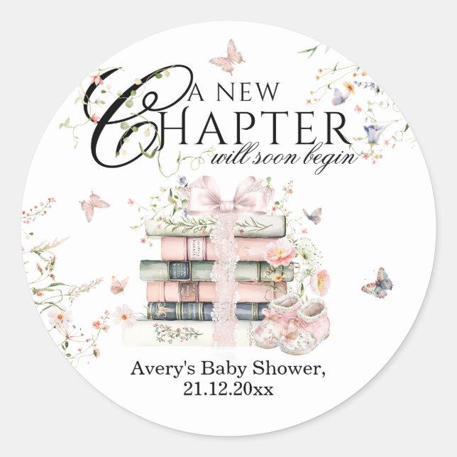 New Chapter Begin Book Wildflower Baby Girl Shower Classic Round Sticker (Front)