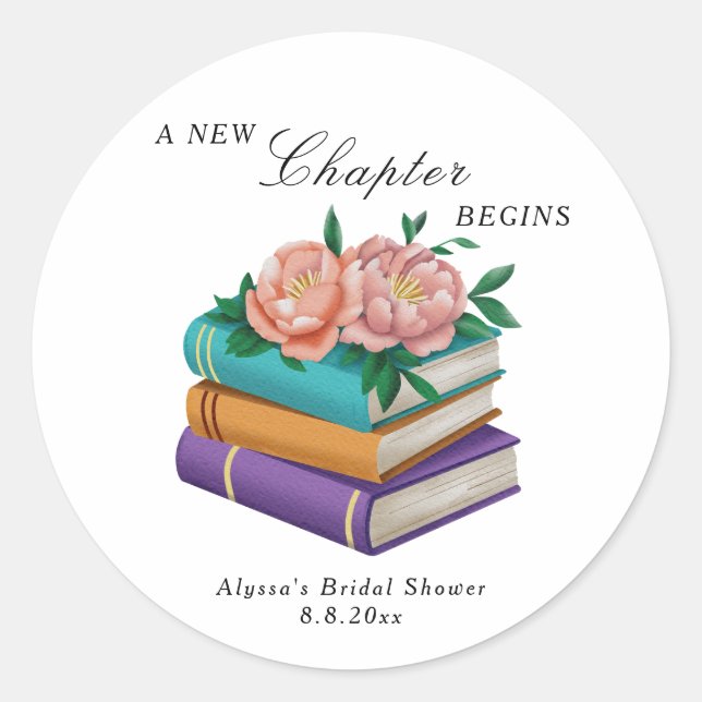 New Chapter Begins Floral Bridal Shower Classic Round Sticker (Front)
