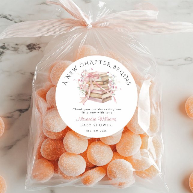 New Chapter Begins Pink Baby Shower Shower Sticker (A new chapter begins Pink coquette Bow Baby Shower Thank you stickers)