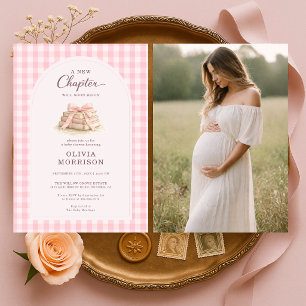 New Chapter Begins Pink Bow Photo Baby Shower Invitation