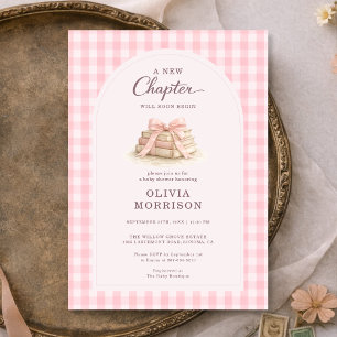 New Chapter Begins Pink Gingham Baby Shower Invitation