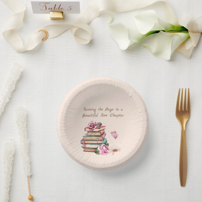 New Chapter Begins Romantic Book Theme Floral Paper Plate (Wedding)