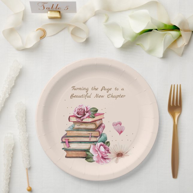 New Chapter Begins Romantic Book Theme Floral Paper Plate (Wedding)