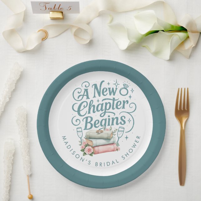 New Chapter Begins Teal Glitter Bridal Shower Paper Plate (Wedding)