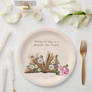 New Chapter Begins Turning the Page Floral  Paper Plate