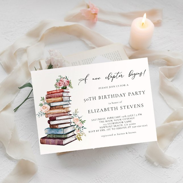 New Chapter Book Lover Bookworm Adult Birthday Invitation (a new chapter birthday party invitation milestone book lover bookworm library literary floral roses )