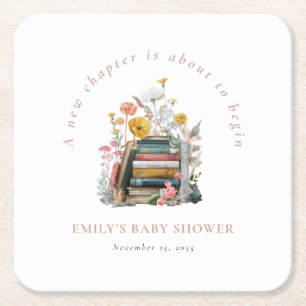 New Chapter Floral Baby Shower Square Paper Coaster
