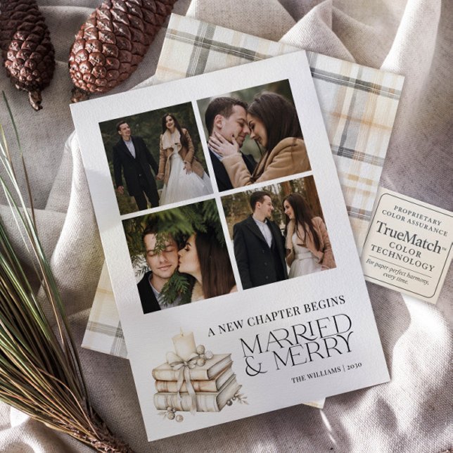 New Chapter Married & Merry Beige Newlywed 4 Photo Holiday Card (Creator Uploaded)