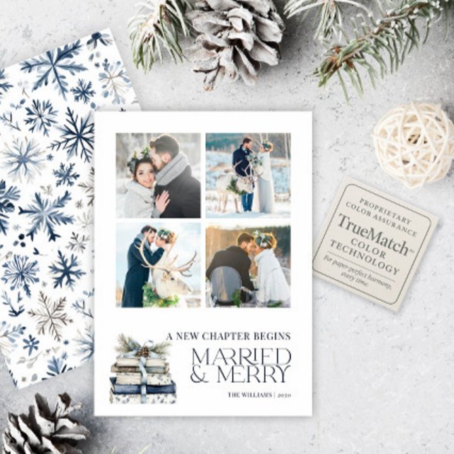 New Chapter Married & Merry Blue Snowflake 4 Photo Holiday Card (Creator Uploaded)