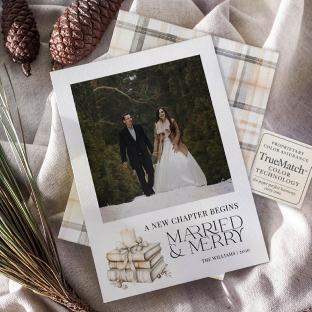 New Chapter Married & Merry Neutral Newlywed Photo Holiday Card (Creator Uploaded)