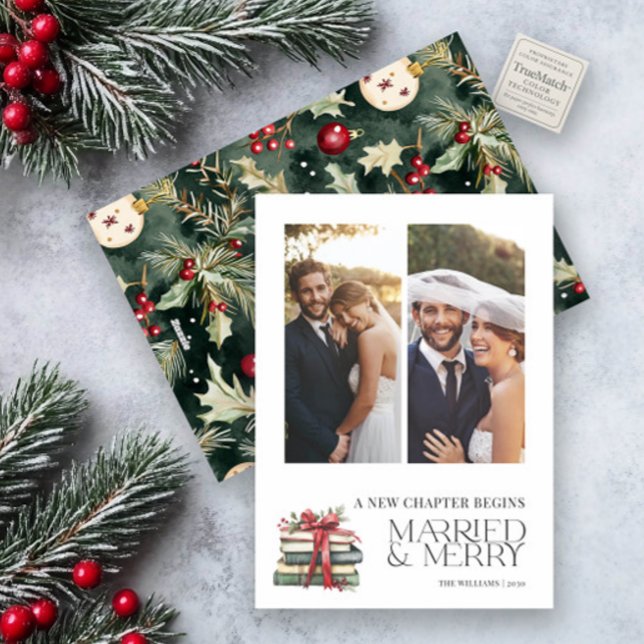 New Chapter Married & Merry Newlywed Bow 2 Photo Holiday Card (Creator Uploaded)