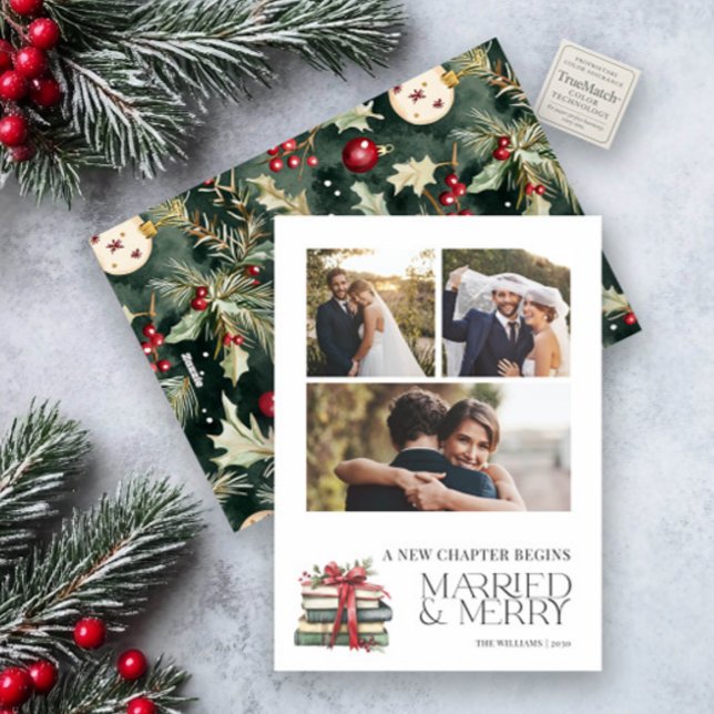 New Chapter Married & Merry Newlywed Bow 3 Photo Holiday Card (Creator Uploaded)