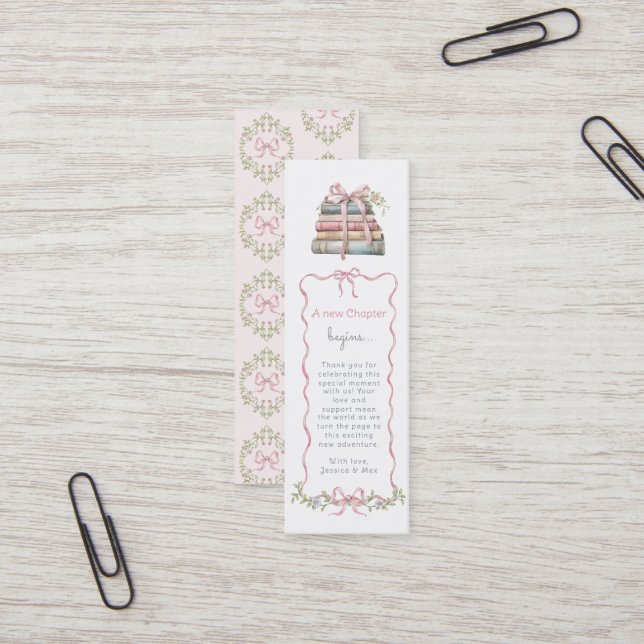 New Chapter Pink Bow Baby Shower Book Bookmark Mini Business Card (Front/Back In Situ)
