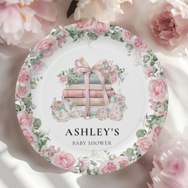 New Chapter Pink Bow Floral Baby Shower Paper Plate (Creator Uploaded)