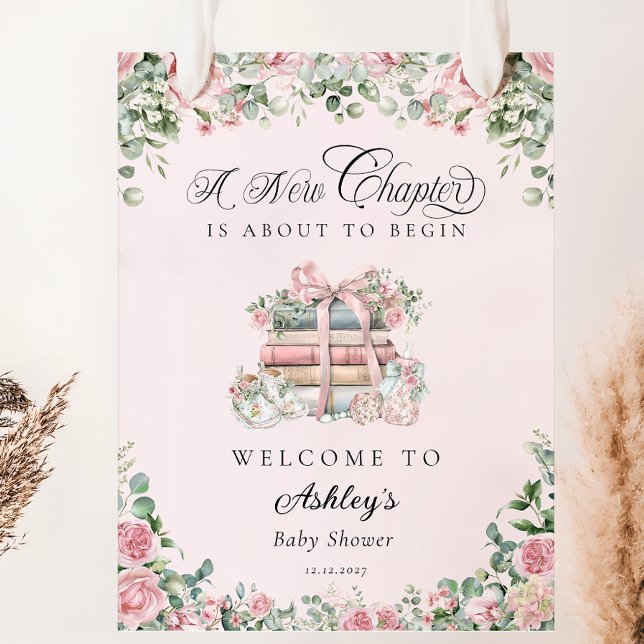 New Chapter Pink Bow Floral Baby Shower Welcome Poster (Creator Uploaded)