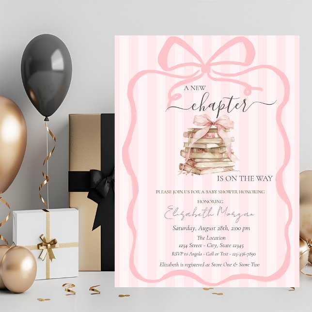 New Chapter Pink Bow Stripes Baby Shower Invitation (Creator Uploaded)