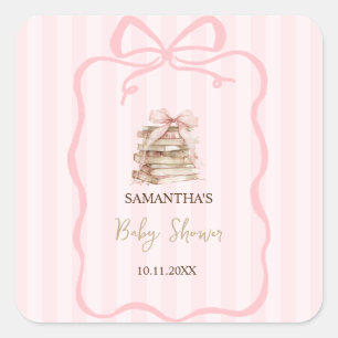 New Chapter Pink Bow Stripes Baby Shower Square Sticker
