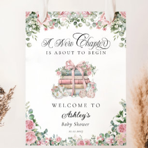 New Chapter Pink Floral Bow Baby Shower Welcome Poster