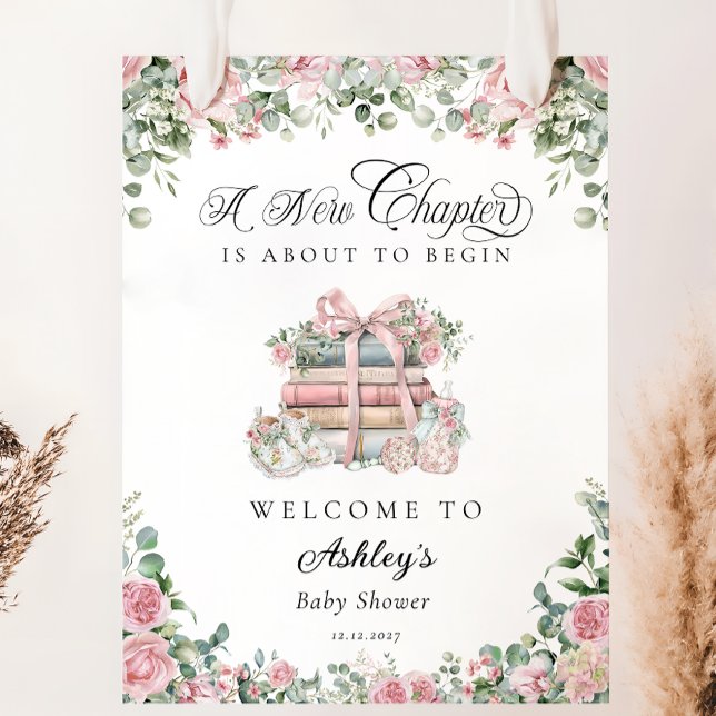 New Chapter Pink Floral Bow Baby Shower Welcome Poster (Creator Uploaded)