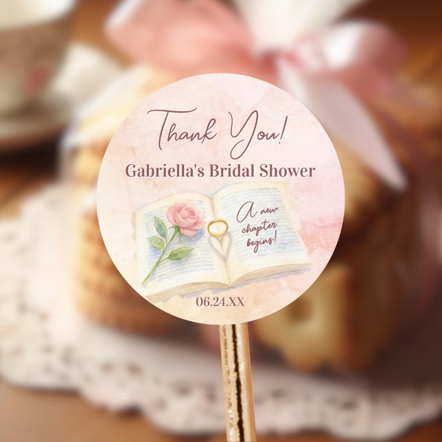 New Chapter Pink Storybook Bridal Shower Thank You Classic Round Sticker (Creator Uploaded)