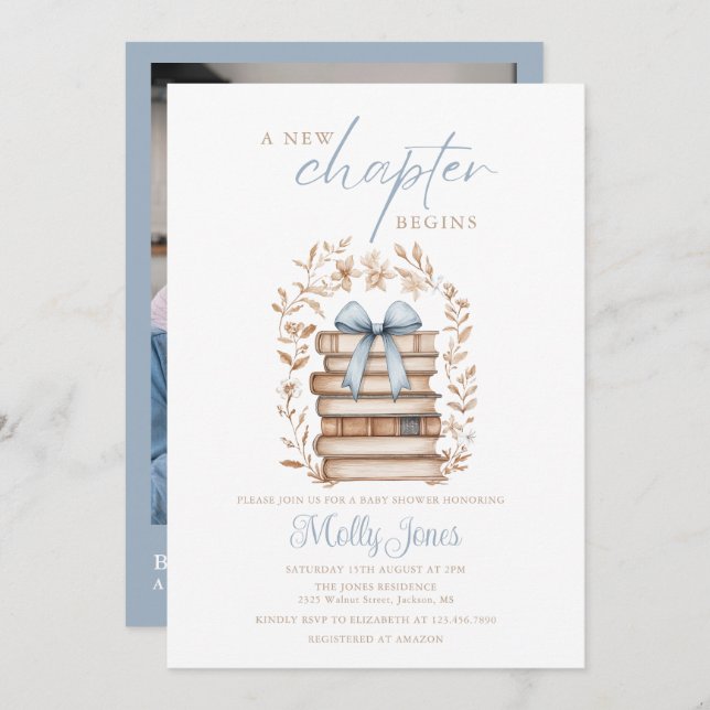 New Chapter Storybook Blue Baby Shower Photo Invitation (Front/Back)