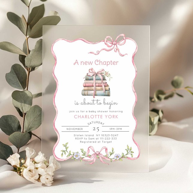 New Chapter Storybook Pink Bow baby shower Acrylic Invitations (Creator Uploaded)