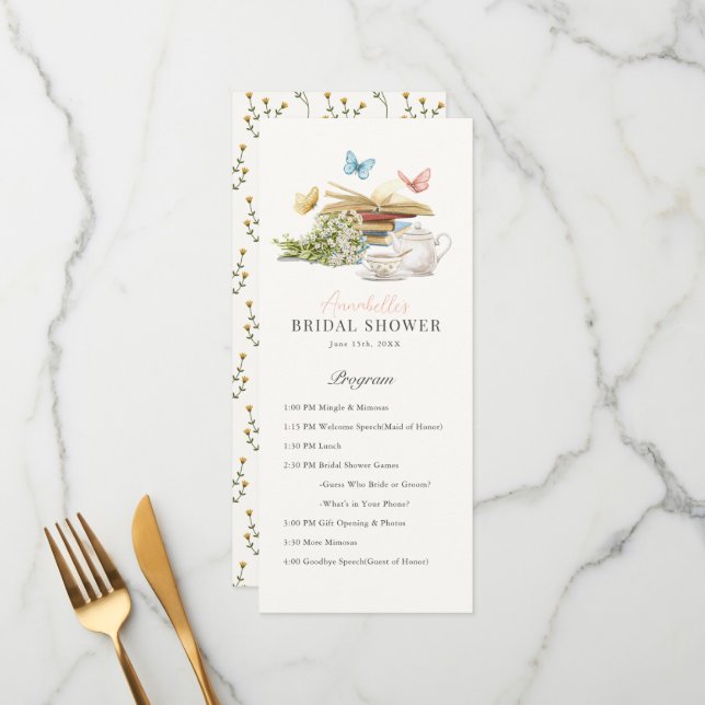 New Chapter Tea Set Book Bridal Shower Program Menu (Front/Back In Situ)