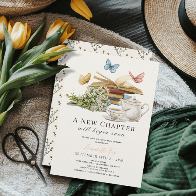 New Chapter Tea Set Butterflies Book Baby Shower Invitation (Creator Uploaded)