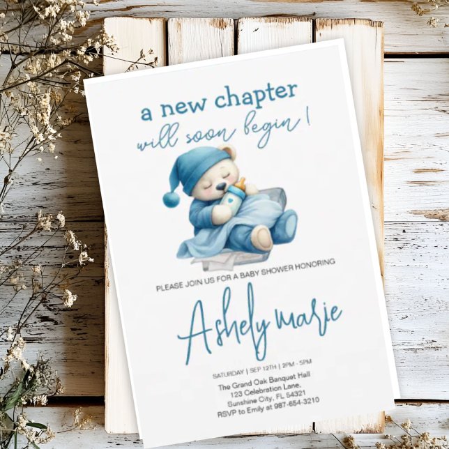 New Chapter Teddy blue boy baby shower Bear Invitation (Creator Uploaded)