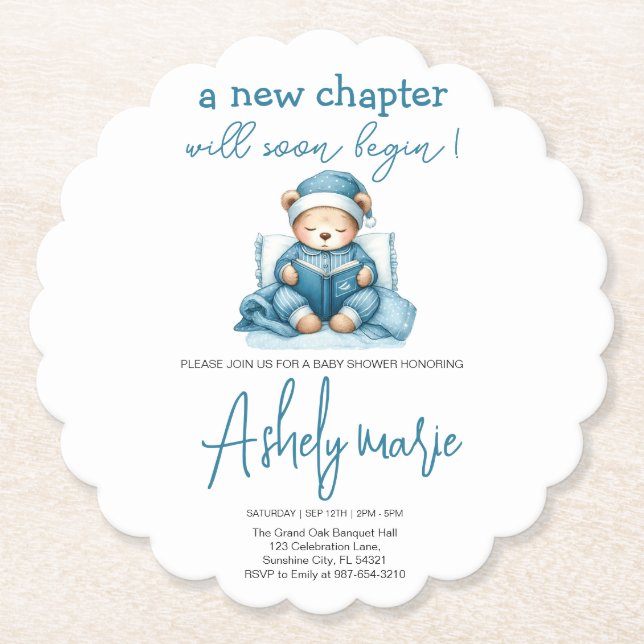 New Chapter Teddy blue boy baby shower Bear Paper Coaster (Front)