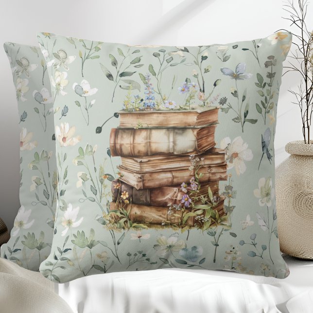 New Chapter watercolor, Stack of books wildflowers Cushion (Creator Uploaded)